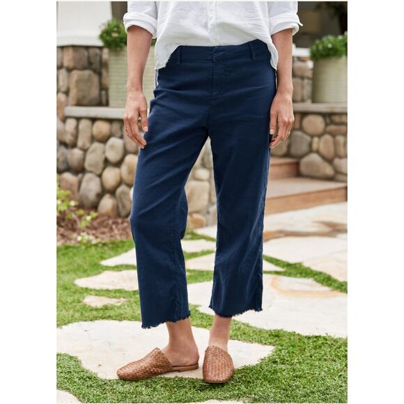 Frank & Eileen Kinsale Trouser Cropped Pants Raw Hem Navy Blue Flax USA Size 6